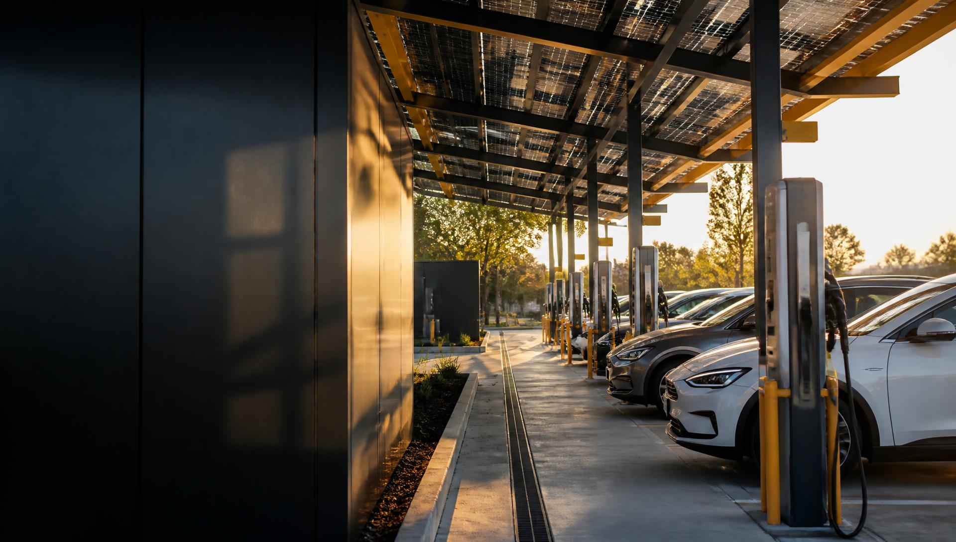 Electric vehicles charging beneath a solar-panel canopy in warm afternoon light