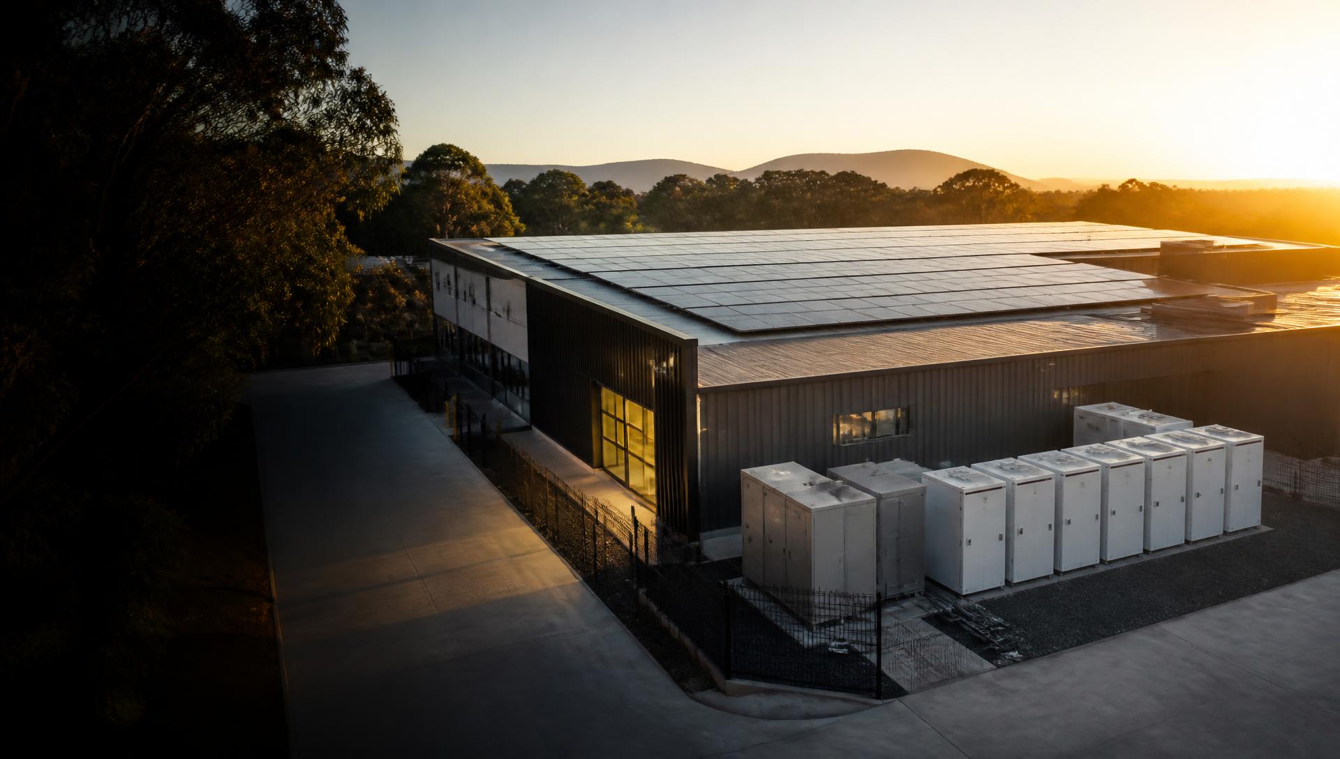 Commercial building with rooftop solar and battery infrastructure at golden hour