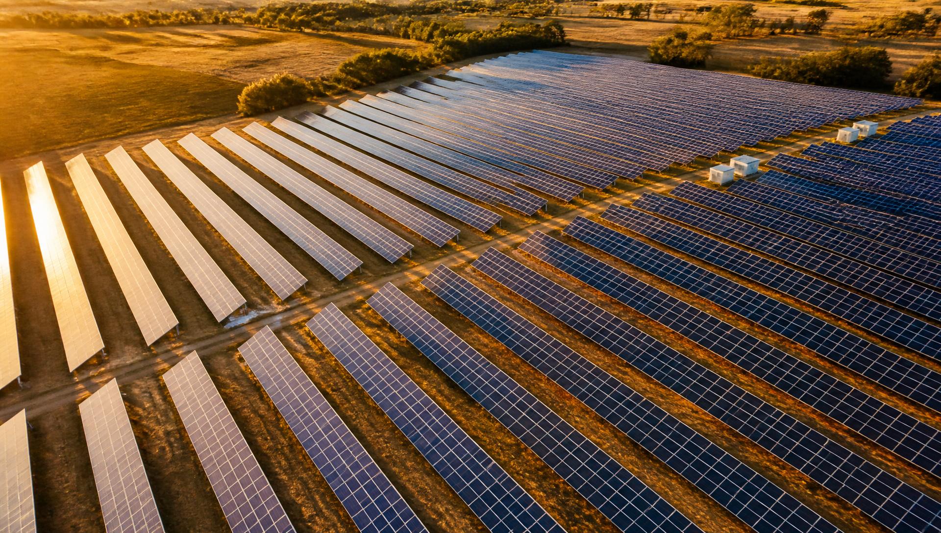 Aerial view of a large solar array at late afternoon