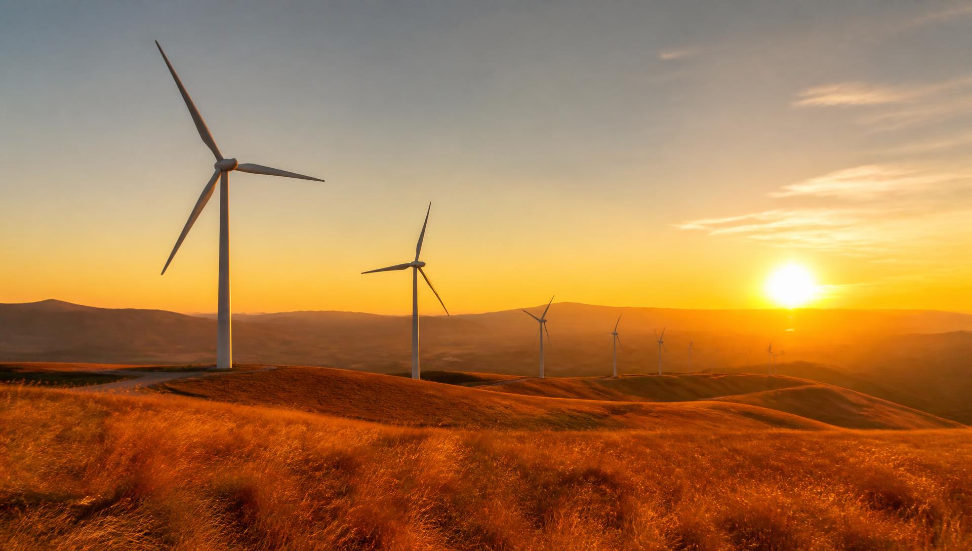 Wind turbines on golden grassland at golden hour